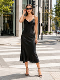 Black Satin Cowl Neck Spaghetti Strap City Slip Dress front view