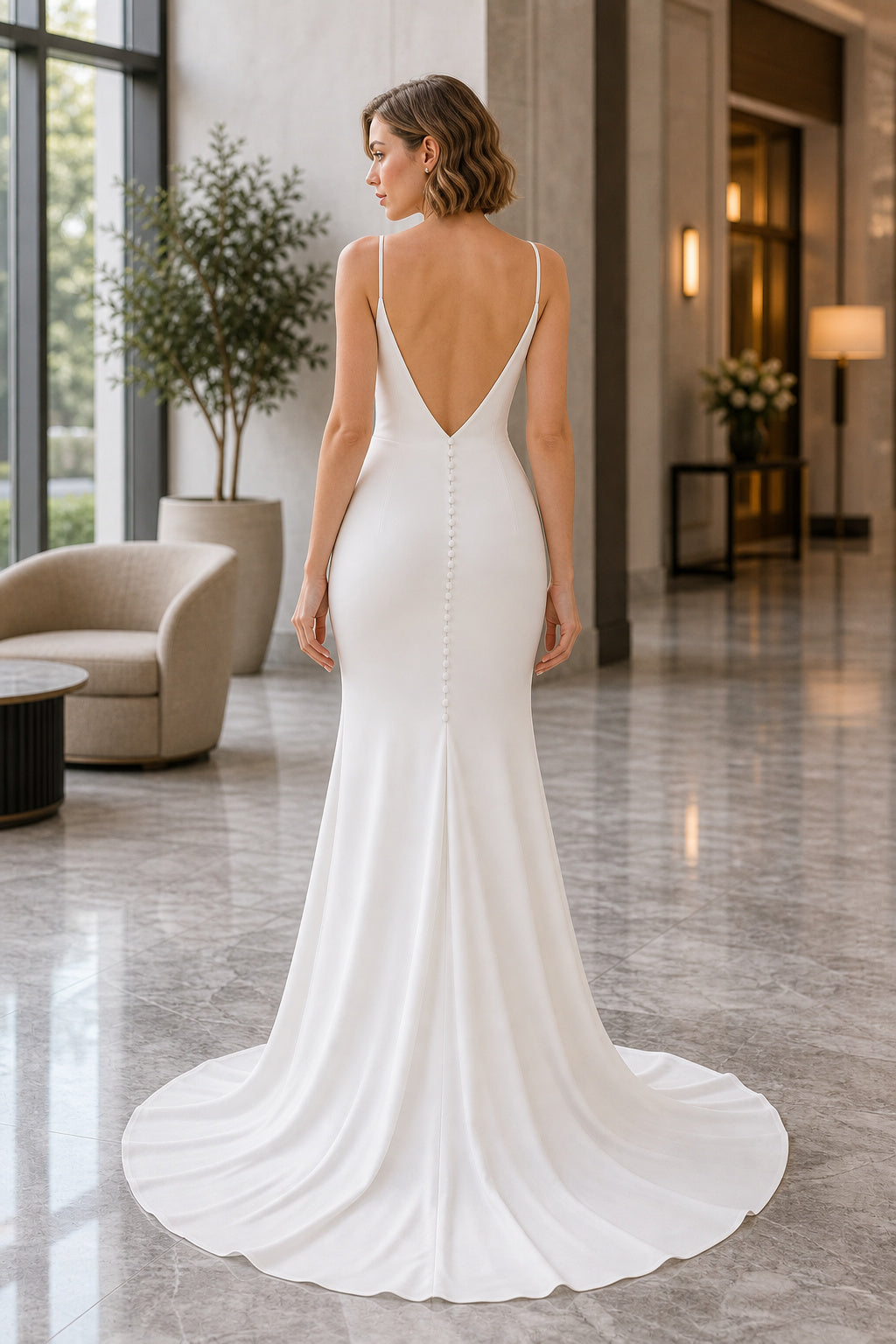 White Halter A-Line Crepe Floor-length Wedding Dress With Beaded Bodice and Pleated Skirt and Open Back Lace Hem Detail