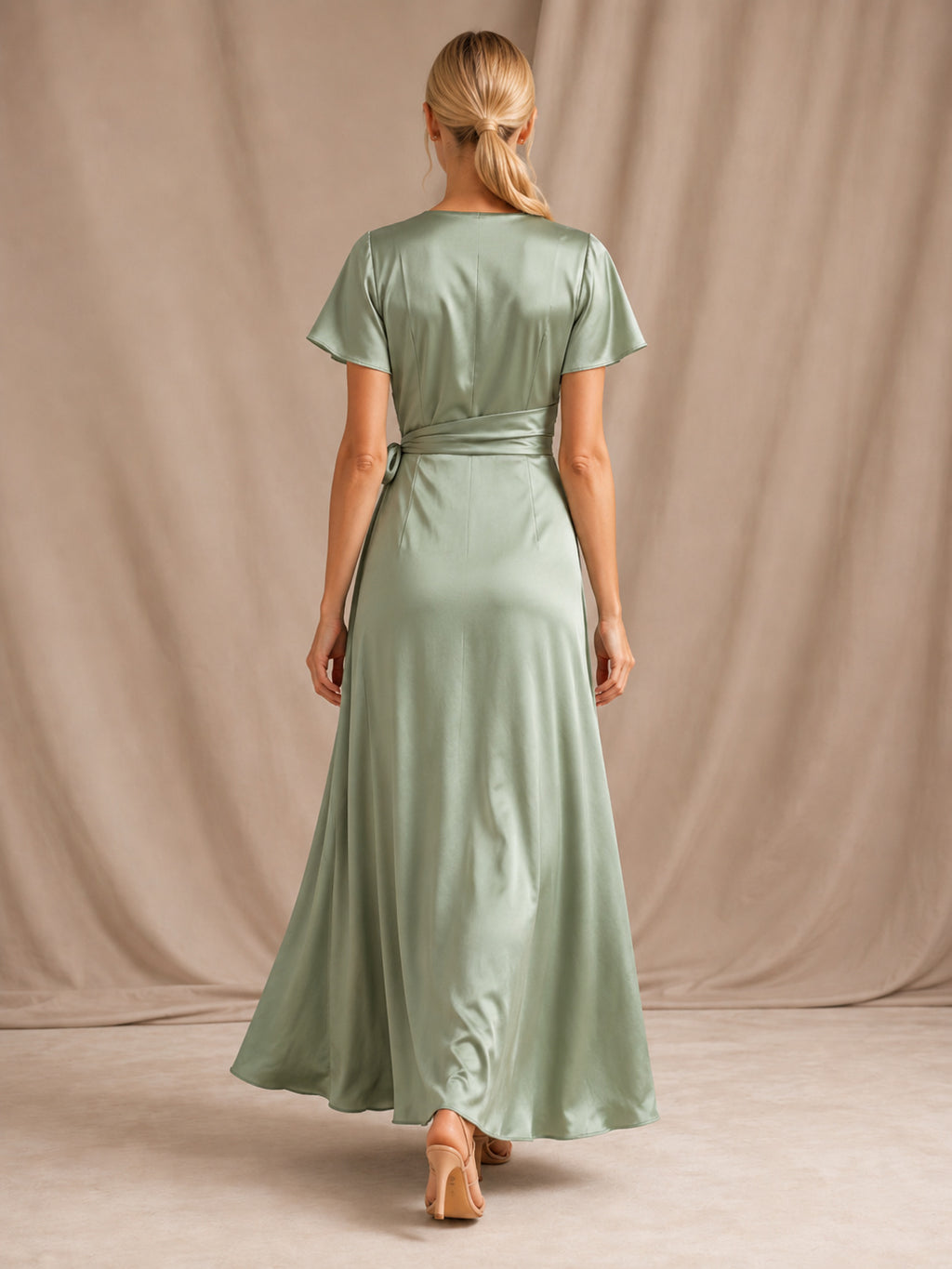 Sage Satin V Neck Wrap Flutter Sleeve Gown back view