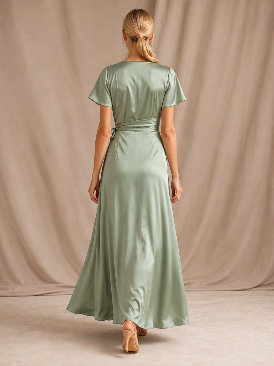 Sage Satin V Neck Wrap Flutter Sleeve Gown back view