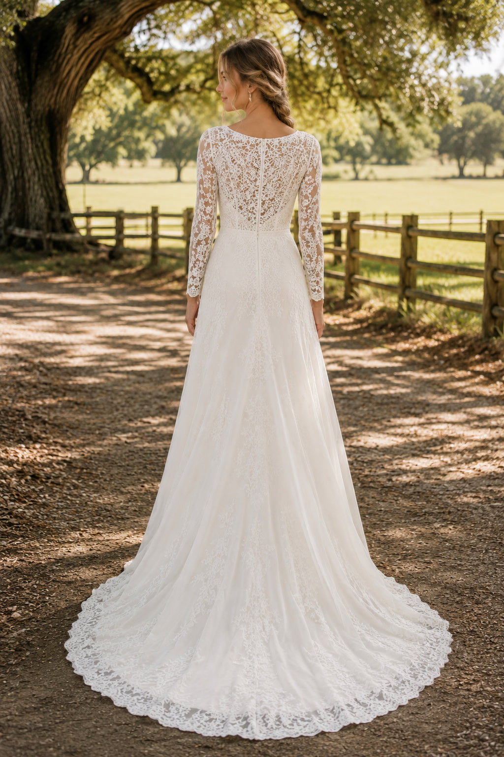 High Neck Long Sleeve Sheath Wedding Dress with Lace Bodice and Soft Sweep Train back view