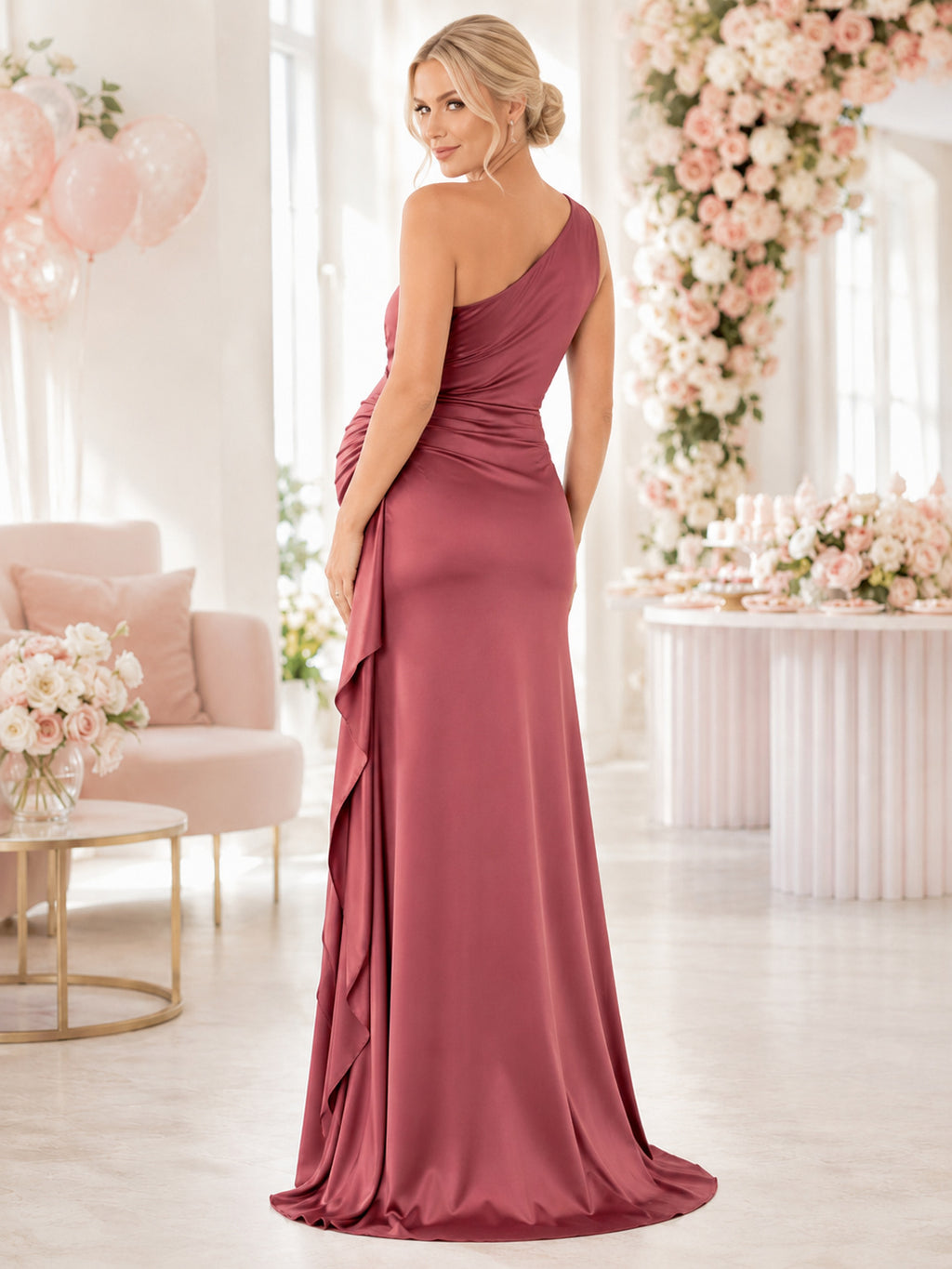Dusty Rose Maternity Baby Girl Shower One-Shoulder Satin Mermaid Ruffle Gown back view