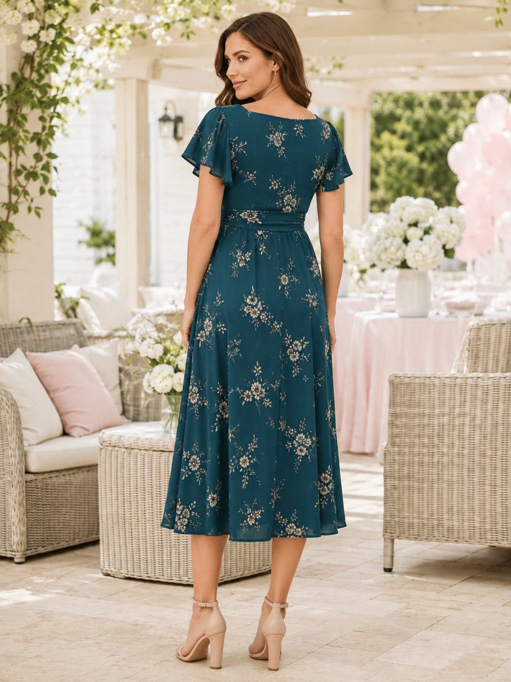 Peacock Floral Maternity Square Neck Flutter Sleeve Chiffon Belted Midi Dress back view
