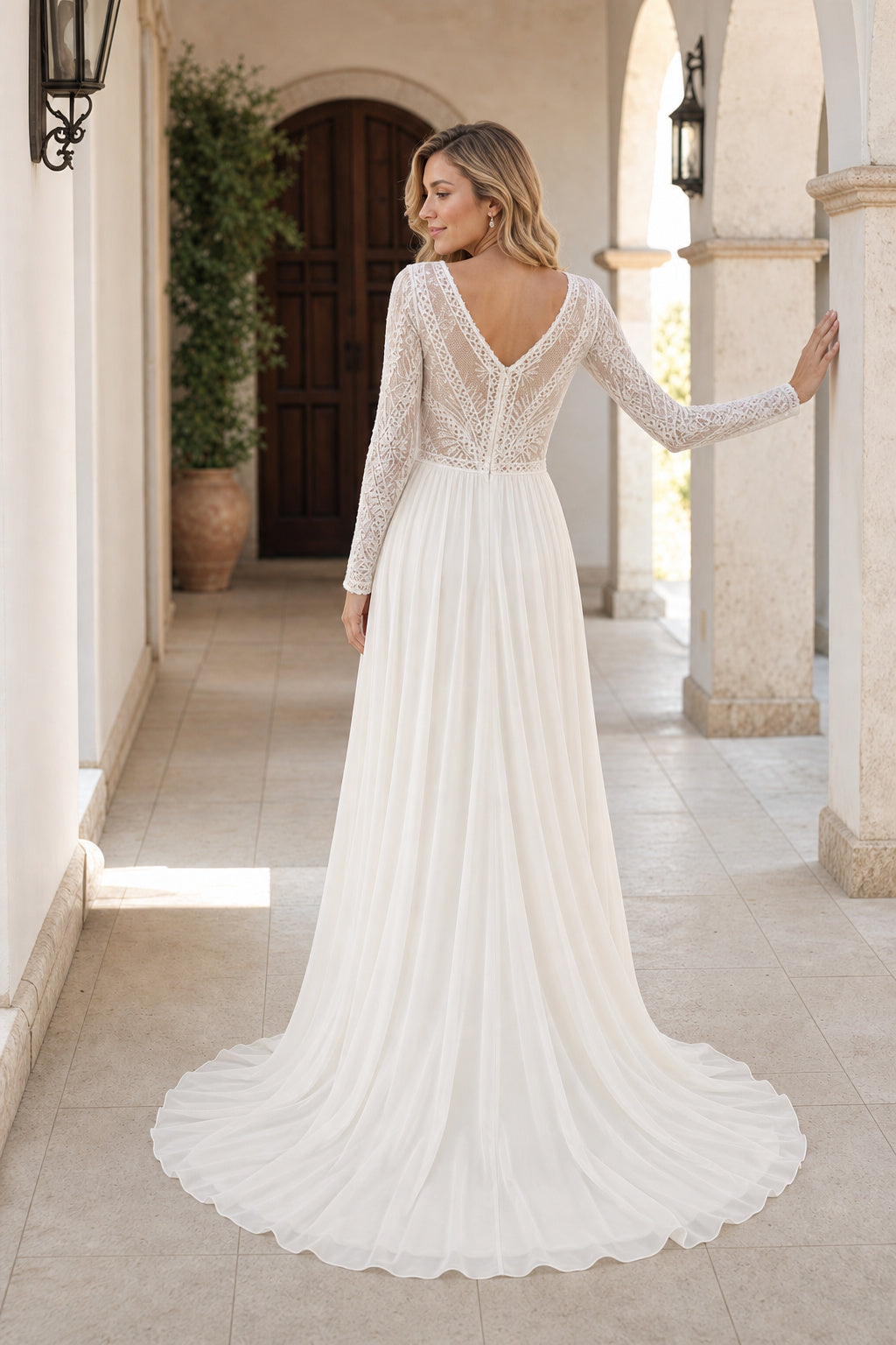 White Off-the-shoulder Flutter Sleeves A-Line Satin Floor-length Wedding Dress With Layered Skirt and Beaded Bodice and Open Back Lace Hem Detail