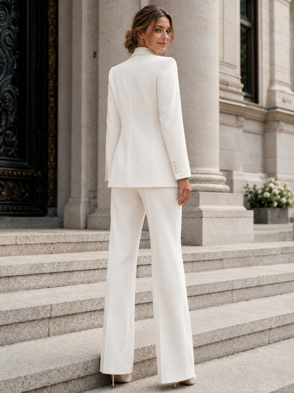 Tailored Bridal Pantsuit Two Piece Notched Long Sleeve Wide Leg Civil Wedding Outfit back view