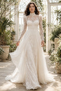 Ivory High Neck Long Sleeve Lace A-Line Wedding Dress Split Front for Wedding Ceremony and Reception front view