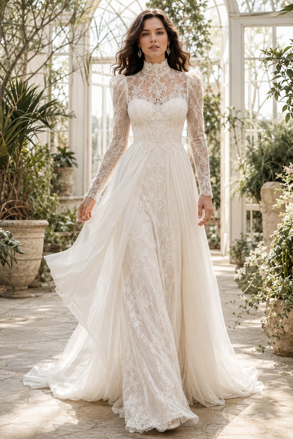 Ivory High Neck Long Sleeve Lace A-Line Wedding Dress Split Front for Wedding Ceremony and Reception front view