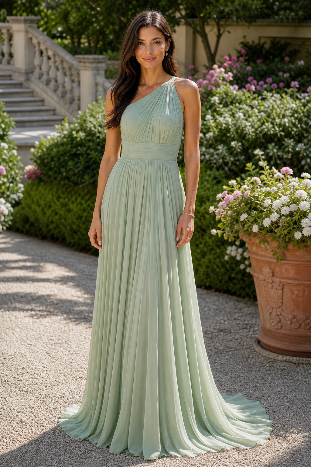 Sage One-Shoulder Floor-Length Chiffon A-Line Dress