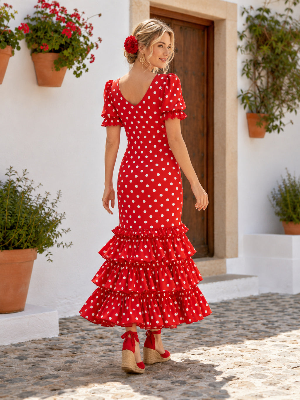 Adorable Red Polka Dot Romeria Mermaid Ankle Length V Neck Puff Sleeve Dress back view