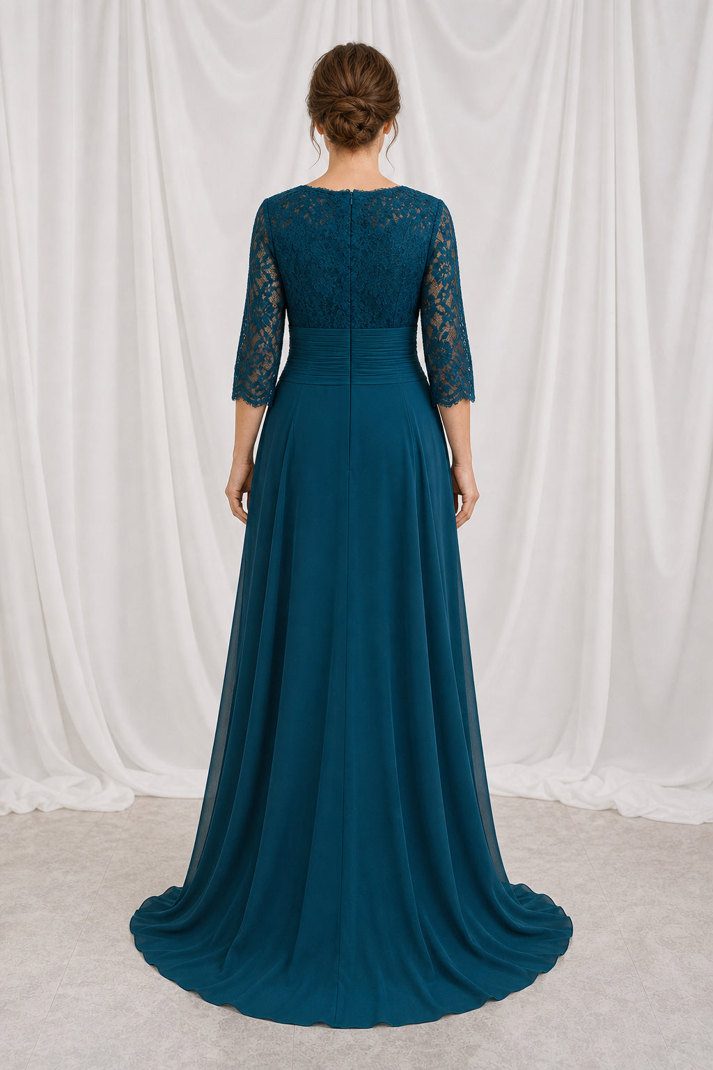 Teal V-neck Three-Quarter Sleeve A-Line Chiffon Floor-Length Dress With Lace Bodice