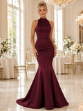 Burgundy High Halter Backless Satin Mermaid Floor Guest Dress front view