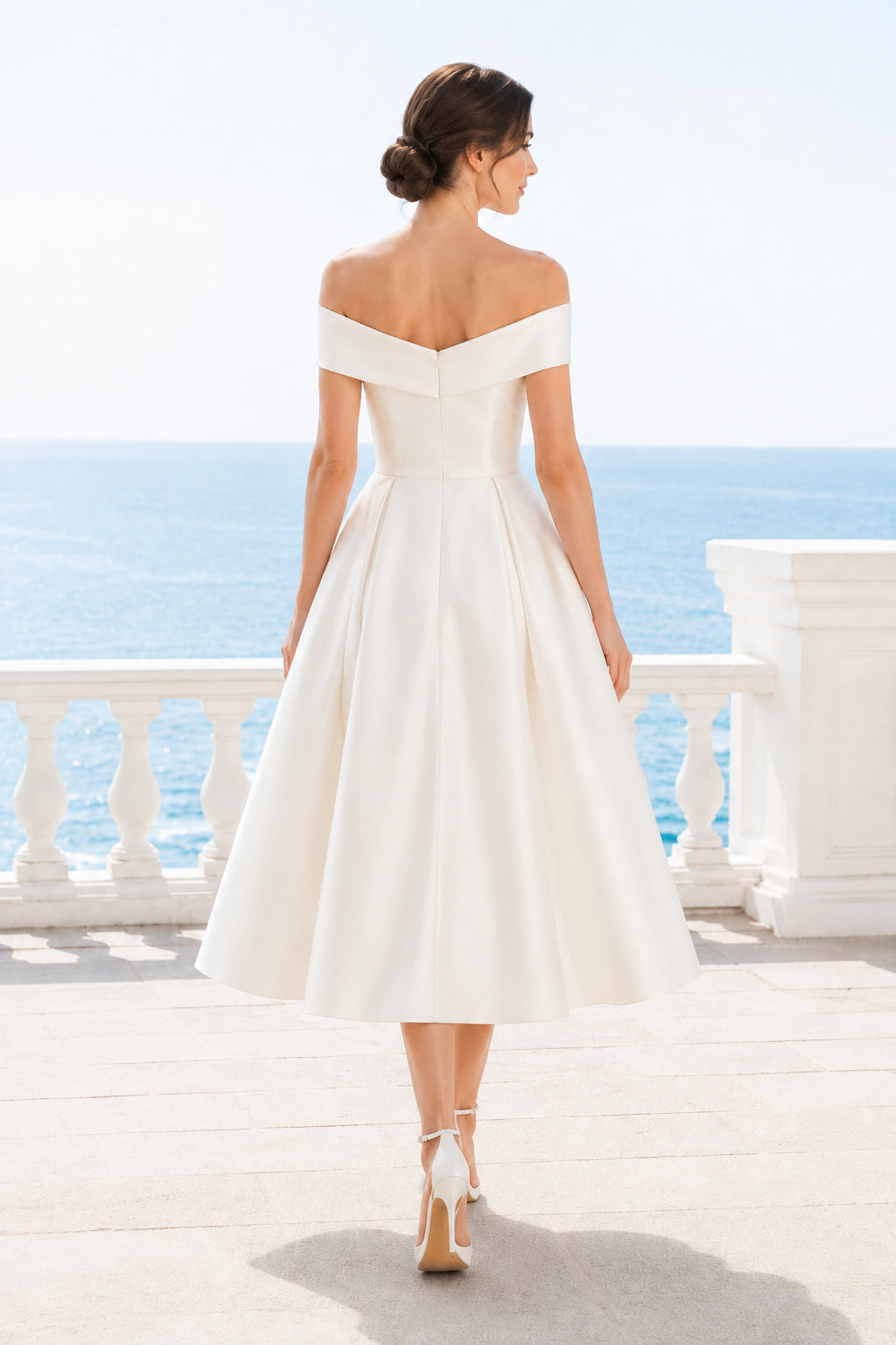 Off Shoulder Satin Tea Length Wedding Dress back view