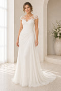 White Square Mermaid Crepe, Lace Floor-length Wedding Dress With Lace and Sweep Train and Open Back