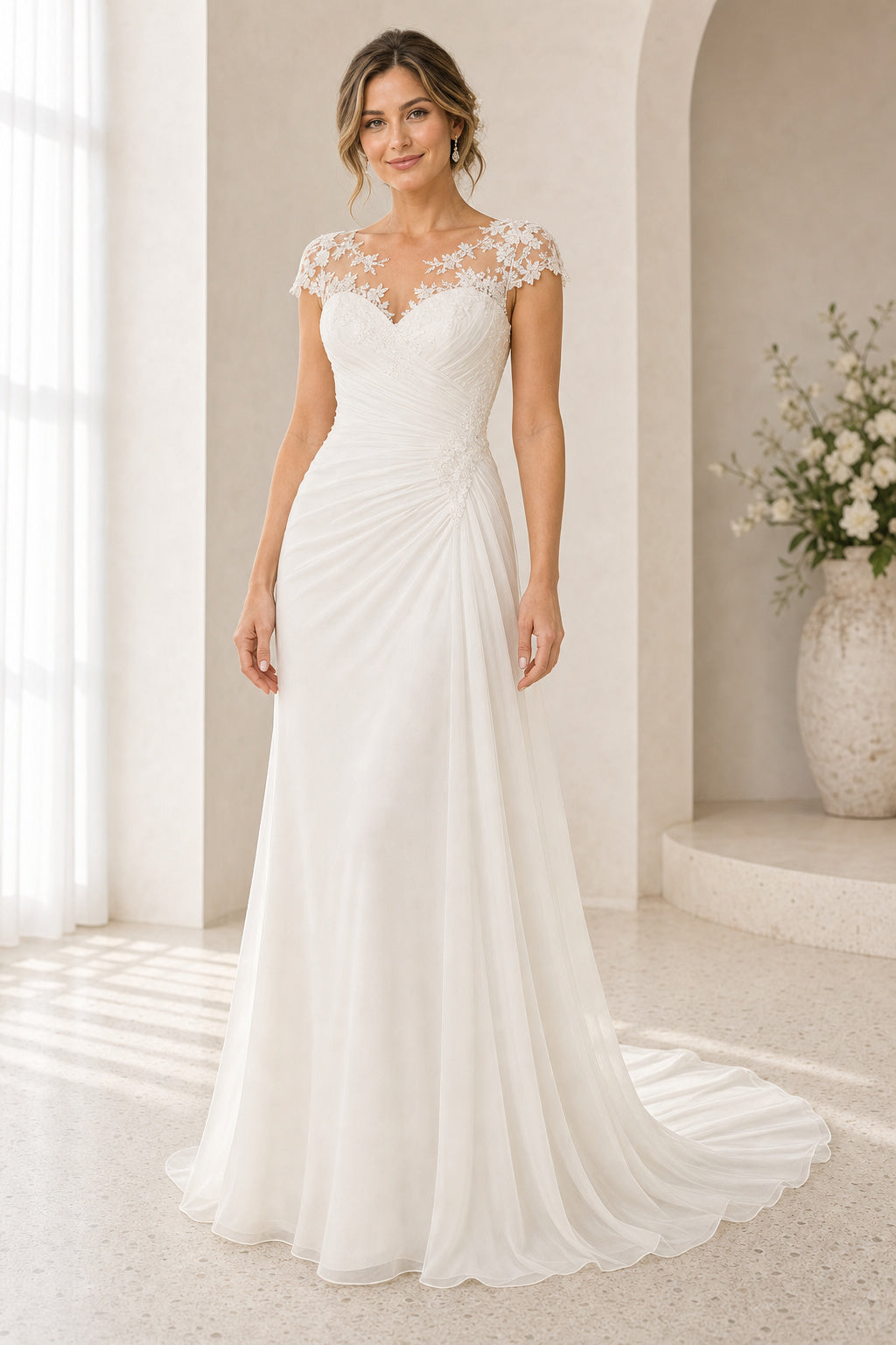 White Square Mermaid Crepe, Lace Floor-length Wedding Dress With Lace and Sweep Train and Open Back