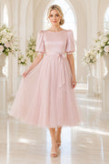Pearl Pink Puff Sleeve Satin Bodice with Bow Sash and Tulle Skirt Tea Length A-Line Homecoming Dress front view
