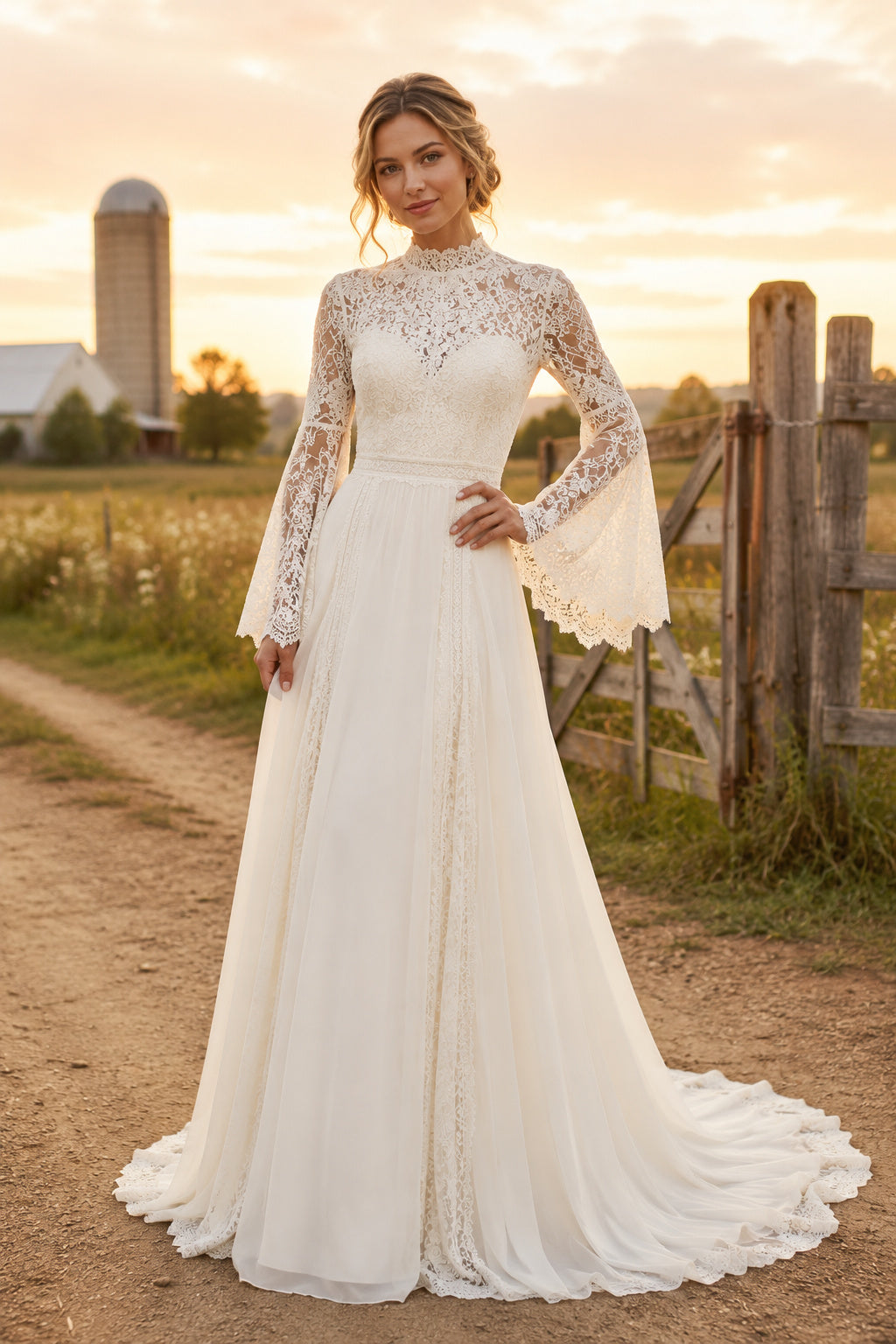 High Neck Long Sleeve A-Line Wedding Dress with Lace Bodice and Chiffon Train for Rustic Garden Ceremony Style MG_700728 fron