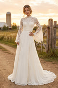 High Neck Long Sleeve A-Line Wedding Dress with Lace Bodice and Chiffon Train for Rustic Garden Ceremony Style MG_700728 fron