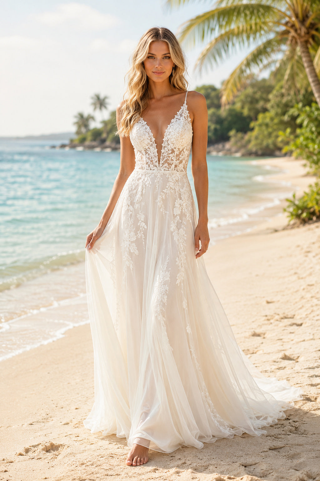 Ivory Spaghetti V-Neck Lace Tulle A-Line Wedding Dress Chapel Train for Bridal Ceremony and Reception Style MG_700799 front v