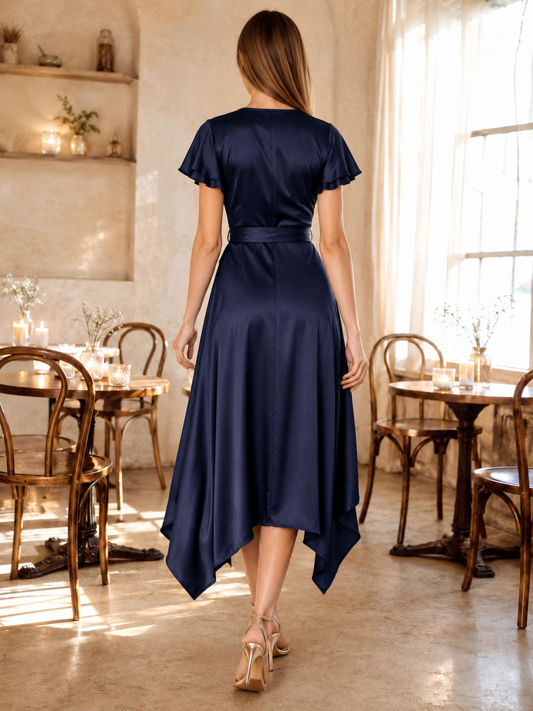 Navy satin flutter sleeve wrap cafe high-low midi dress back view