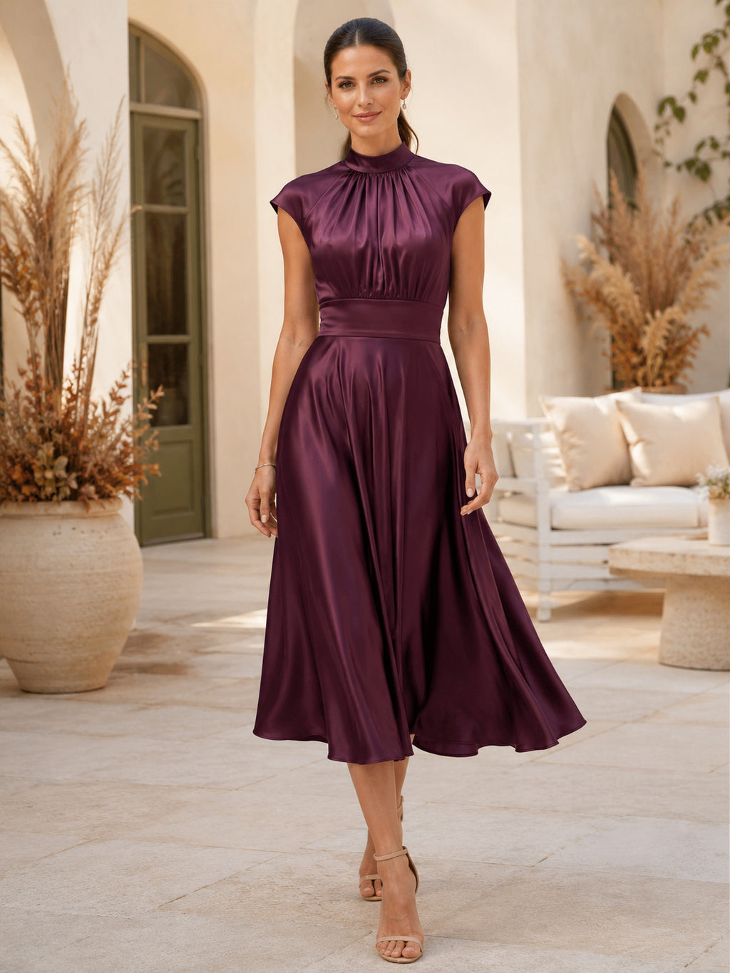 Plum High Neck Cap Sleeve Satin Tea Guest Dress front view