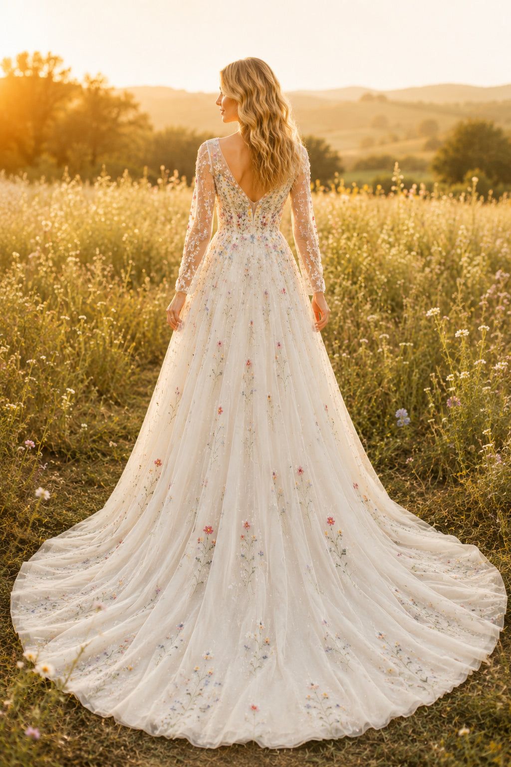 Ivory Long Sleeve Floral Embroidered A-Line Wedding Dress with V-Neck and Train back view