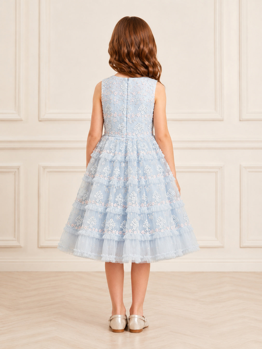 Flower Girl Dress Sky Blue Tulle A-Line Jewel Neck Tea Length Pleated back view