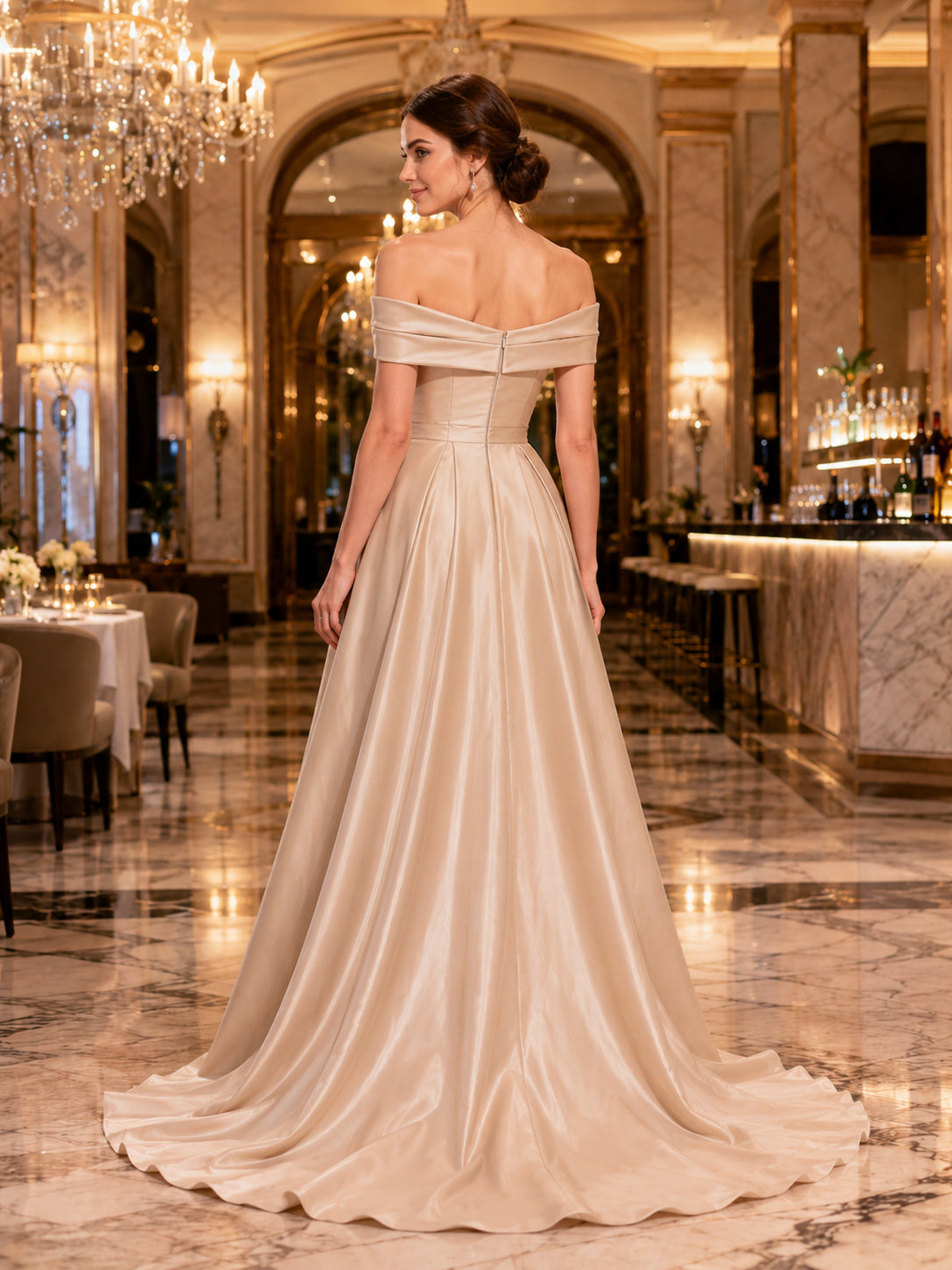 Champagne Off Shoulder Satin A Line Ball Gown Dress back view