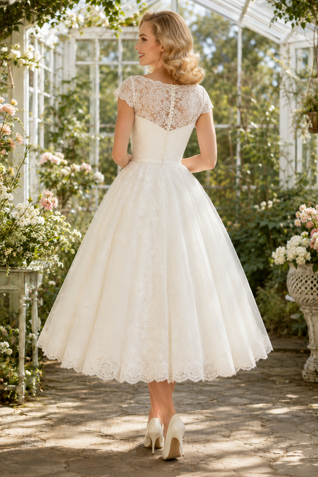 Ivory Bateau Lace Neck Cap Sleeve Lace Tulle Tea-Length Wedding Dress with Illusion Cap Sleeves and Full Tulle Skirt back vie
