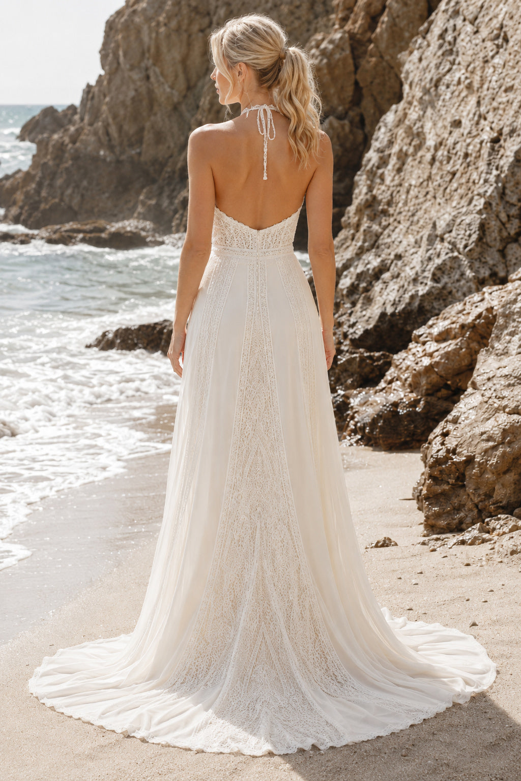 Ivory Halter High Neck Sheath Wedding Dress Open Back Train for Bridal Ceremony and Reception back view