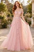 Blushing Pink Off-the-Shoulder Floral Applique Tulle A-Line Prom Gown front view