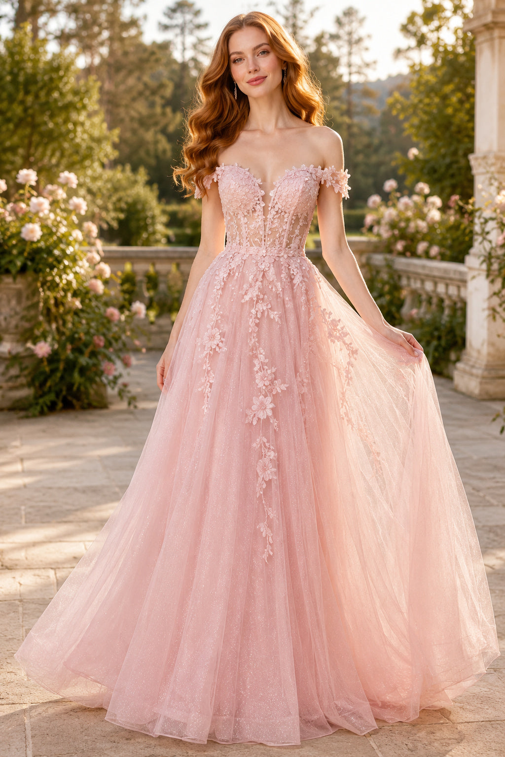 Blushing Pink Off-the-Shoulder Floral Applique Tulle A-Line Prom Gown front view