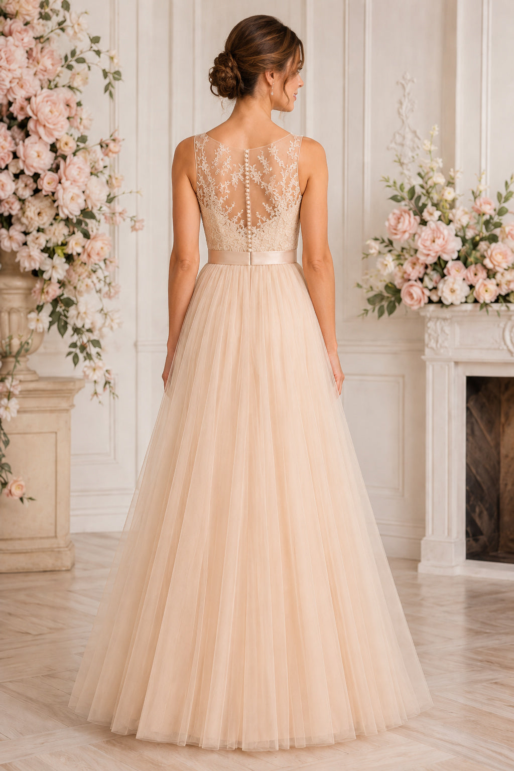 Champagne Illusion Lace Sparkle Bodice with Floor Length Tulle Skirt Floor Length A-Line Prom Dress back view