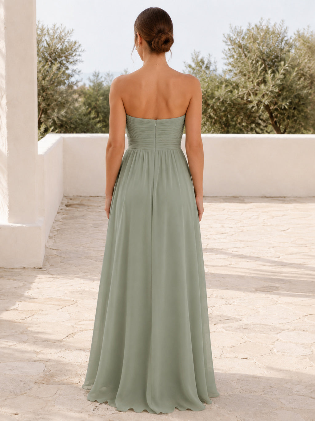 Sage strapless ruched chiffon A-line floor gown slit back view