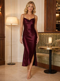 Burgundy Spaghetti Strap Charmeuse Slit Intimate Lounge Dress front view