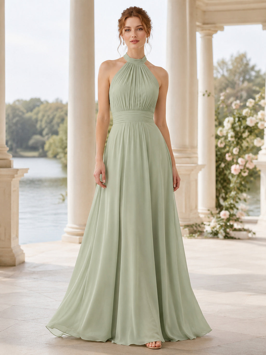 Sage Halter Pleated Chiffon Sleeveless A-Line Floor Length Wedding Dress front view
