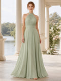 Sage Halter Pleated Chiffon Sleeveless A-Line Floor Length Wedding Dress front view