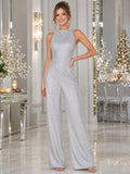 Silver Halter Sleeveless Allover Sequin Wide Leg Floor Length New Year Formal Jumpsuit front view