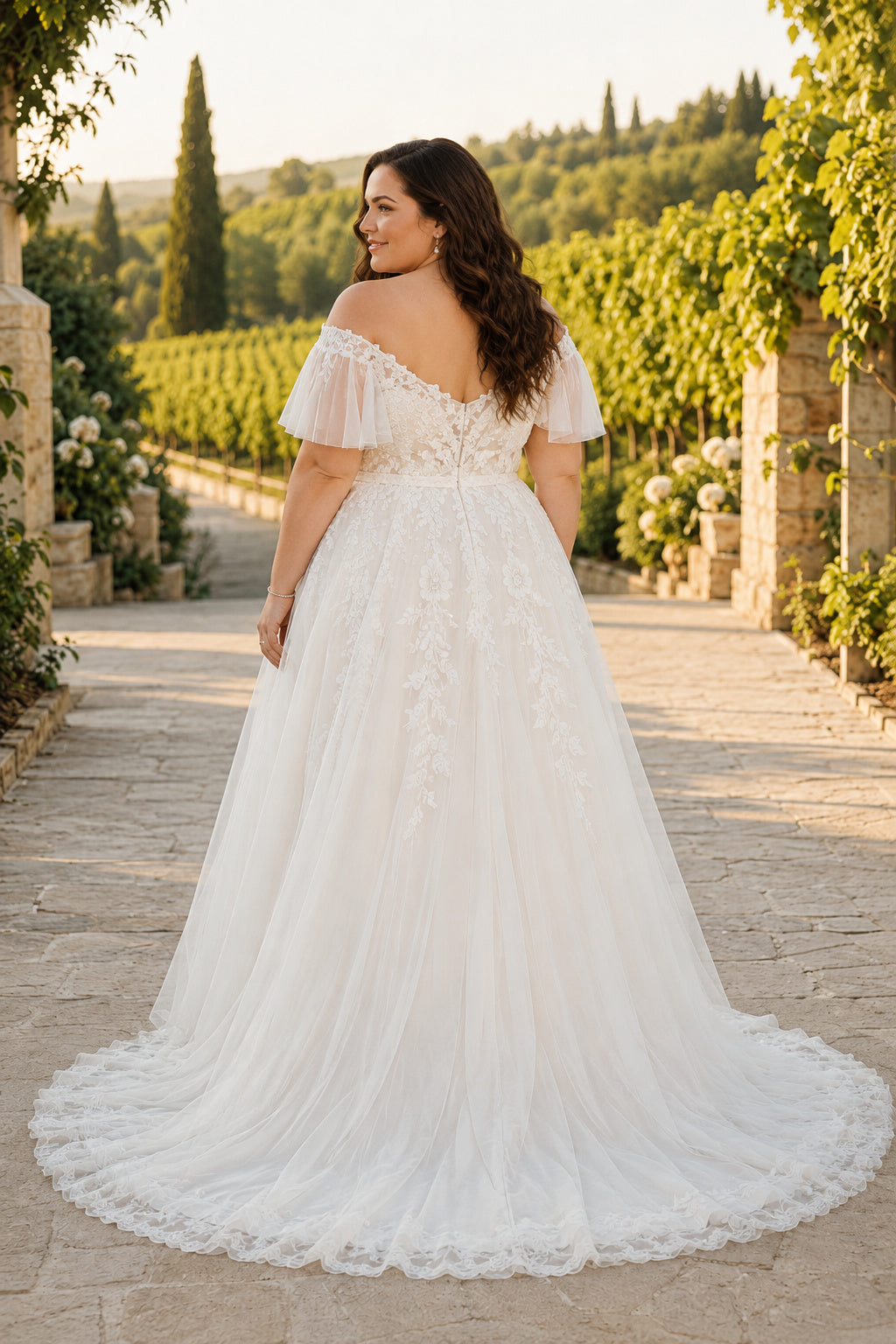 Ivory Plus Size Off-the-Shoulder Lace A-Line Wedding Dress with Short Sleeves and Train Style MG_700550 back view