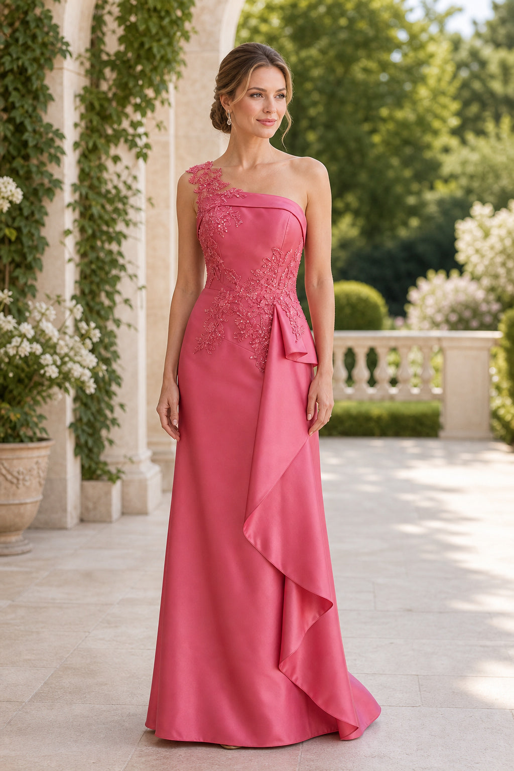 Rose One-Shoulder Sheath Satin Floor-Length Dress With Cascading Ruffle