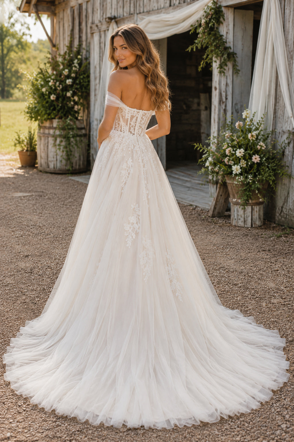 Off the Shoulder Sweetheart A-Line Wedding Dress with Lace Bodice and Tulle Train back view