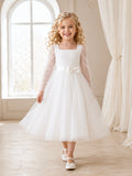 Elegant Tulle Tea-Length A-Line Square Neck Long Sleeve Bow Flower Girl Wedding Dress front view
