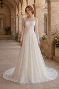Ivory Luxury High Neck A-Line Lace Tulle Wedding Dress with Long Lace Sleeves and Chapel Train Style MG_701372 front view
