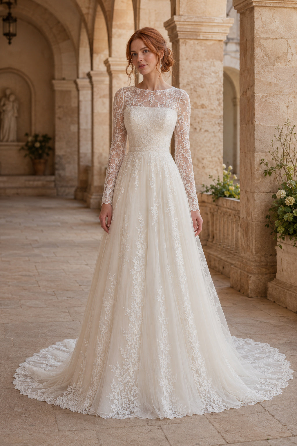 Ivory Luxury High Neck A-Line Lace Tulle Wedding Dress with Long Lace Sleeves and Chapel Train Style MG_701372 front view