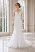 White Scoop Short Sleeves Mermaid Crepe, Lace Floor-length Wedding Dress With Lace and Floral Appliques and Open Back Lace Hem Detail