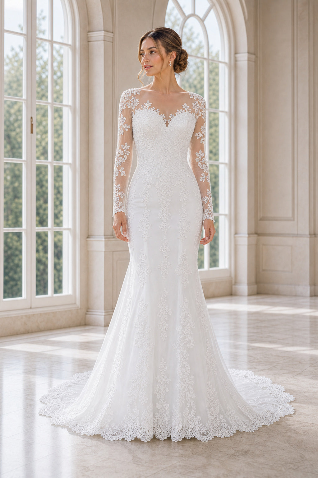White Scoop Short Sleeves Mermaid Crepe, Lace Floor-length Wedding Dress With Lace and Floral Appliques and Open Back Lace Hem Detail