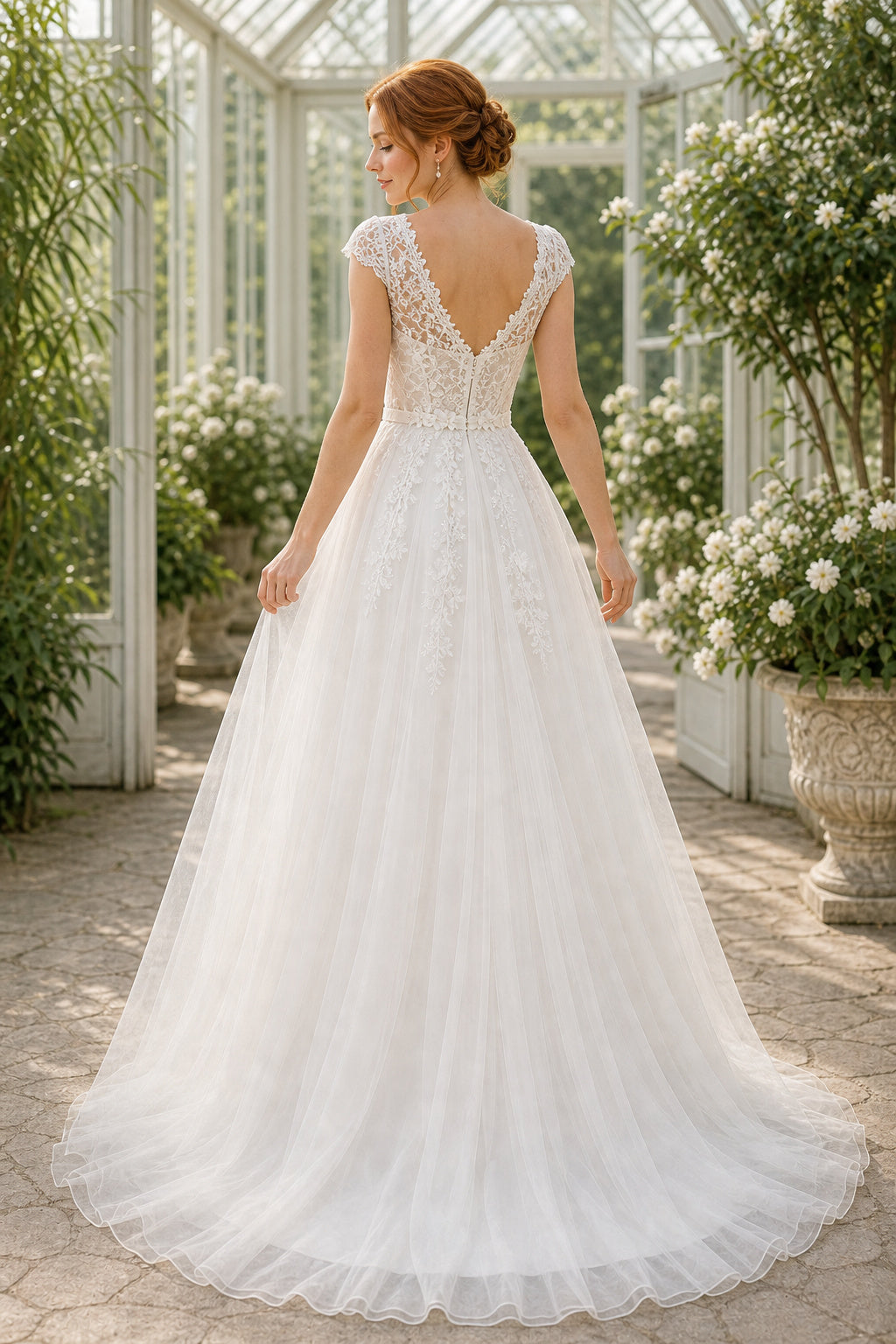White Scoop Three-Quarter Sleeves A-Line Lace Floor-length Wedding Dress With Lace and Lace Bodice and Open Back