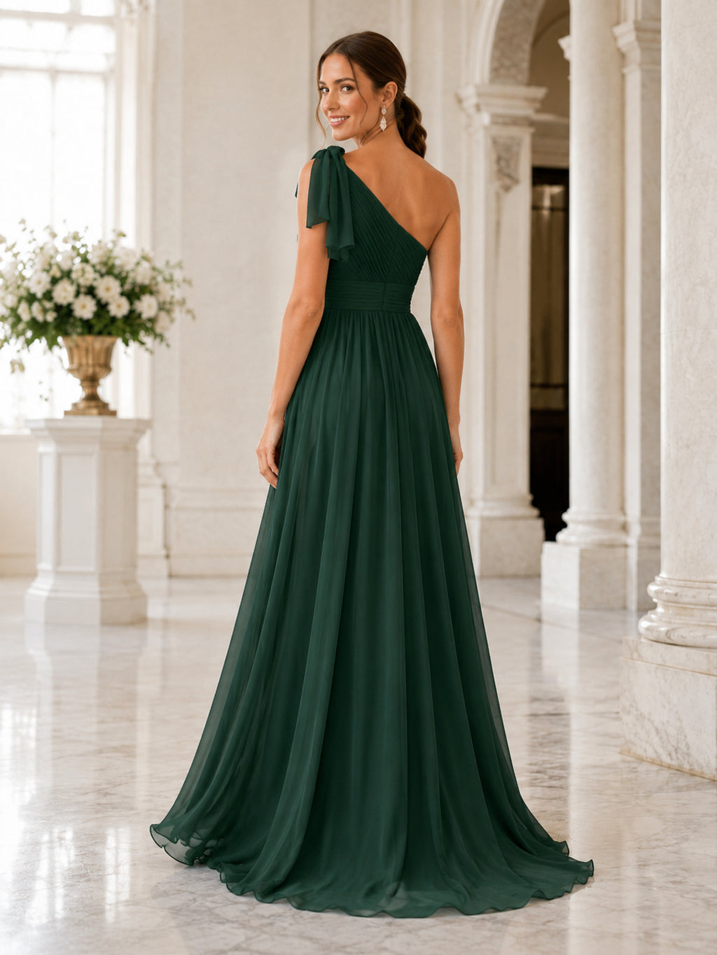 Red Carpet Evening Dark Green Romantic Elegant A-Line Chiffon Bridesmaid Dress with One-Shoulder Sleeveless Floor-Length Slit