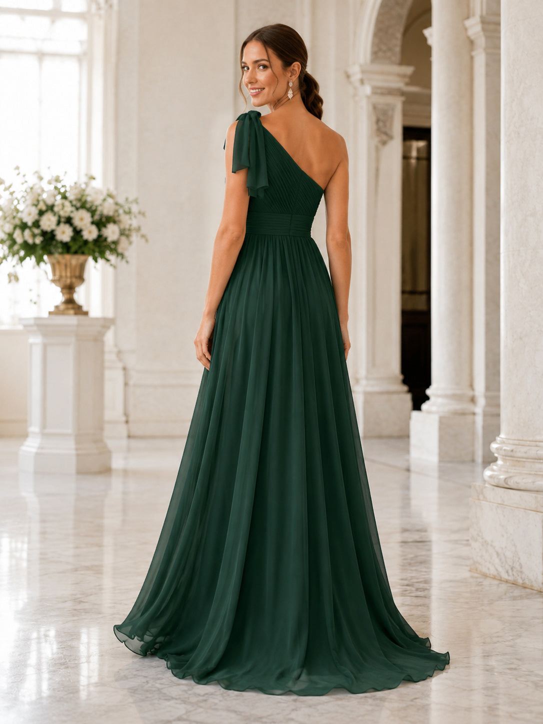 Red Carpet Evening Dark Green Romantic Elegant A-Line Chiffon Bridesmaid Dress with One-Shoulder Sleeveless Floor-Length Slit