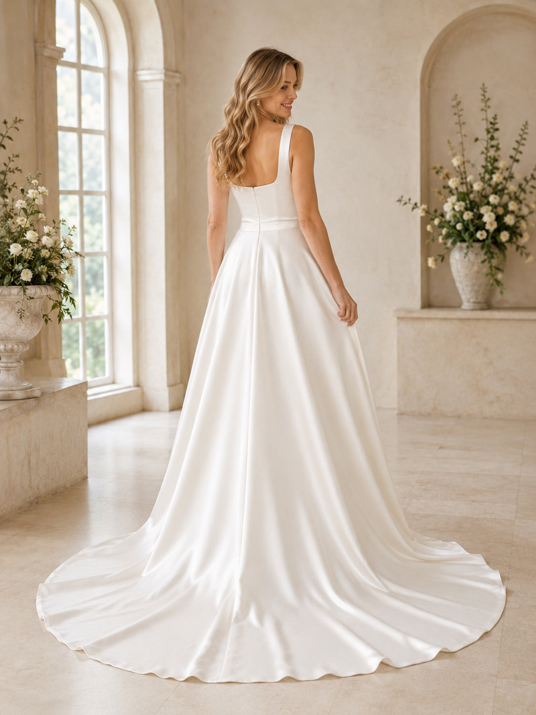 Elegant Square Neck Satin Wedding A Line Strap Court Train Minimal back view