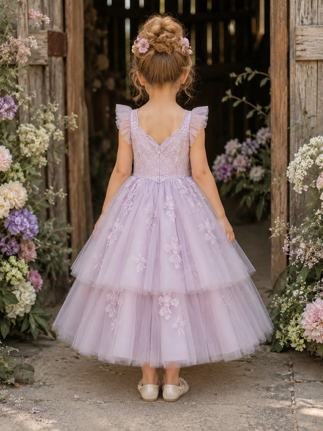 Lavender Tulle A-Line Flower Girl Dress with Sleeveless, Jewel Neck, Tea-Length Skirt, Bow Detail Style 403635 back view